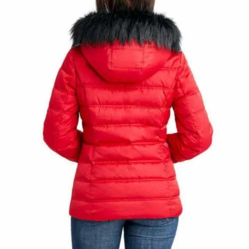 NAUTICA Women Fur Trim Hooded Puffer Winter Coat Jacket - - Red NO TAG - Picture 2 of 9